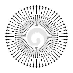 Outspreading, radial, radiating arrows. Diffusion, extension, spread and emission icon, symbol