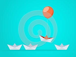 Outstanding the Boat rises above with balloon. Business advantage opportunities and success concept.