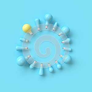 Outstanding different yellow lightbulb  among blue  lightbulb with circle shape concept on blue background.