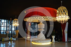 Outstanding lobby design with lights. Luxury interiors of chandelier light pattern