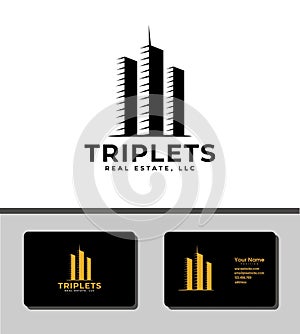 Outstanding logo template design that illustrates triplets building for real estate companies