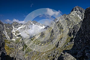 An outstanding mountain landscape of the High Tatras. A view from the Lomnicka Pass on the Little Cold Valley and the Lomnicky