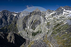 An outstanding mountain landscape of the High Tatras. A view from the Lomnicka Pass to the Little Cold Valley. Mala Studena Dolina