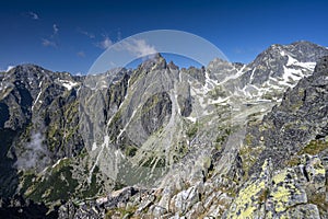 An outstanding mountain landscape of the High Tatras. A view from the Lomnicka Pass to the Little Cold Valley. Mala Studena Dolina