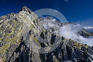 Landscape of the High Tatras. A view from the Lomnicka Pass to the Lomnicky Peak (Lomnicky Stit), Slovakia
