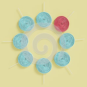 Outstanding red lollipop among blue lollipops in circle on pastel yellow background