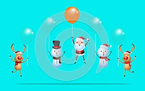 Outstanding santa claus rises above with balloon and reindeer snowman flying with balloon. Merry Christmas and happy new year.