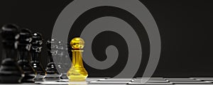 outstanding strategy. Golden pawn chess move out from line for different thinking and leading change. copy space. banner, black