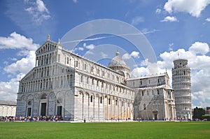 The outstanding view of the Leaning Tower on Square of Miracles in Pisa, Italy