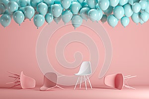 Outstanding white chair among pink chairs with floating blue balloons in pink pastel background room studio.