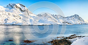 Outstanding  winter view on Sundstraumen strait that separates Moskenesoya and Flakstadoya islands