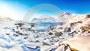 Outstanding  winter view on Sundstraumen strait that separates Moskenesoya and Flakstadoya islands