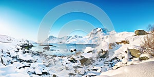 Outstanding  winter view on Sundstraumen strait that separates Moskenesoya and Flakstadoya islands