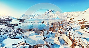 Outstanding  winter view on Sundstraumen strait that separates Moskenesoya and Flakstadoya islands