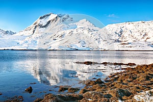 Outstanding  winter view on Sundstraumen strait that separates Moskenesoya and Flakstadoya islands