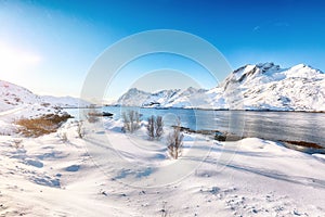 Outstanding  winter view on Sundstraumen strait that separates Moskenesoya and Flakstadoya islands