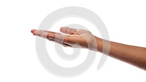 Outstretched female hand, empty palm over white background