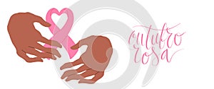 Outubro Rosa - October Pink in portuguese language. Brazil Breast Cancer Awareness campaign web banner. Handwritten photo