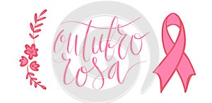 Outubro Rosa - October Pink in portuguese language. Brazil Breast Cancer Awareness campaign web banner. Handwritten photo