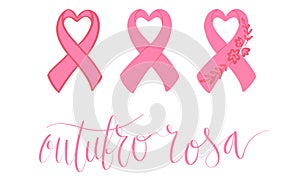 Outubro Rosa - October Pink in portuguese language. Brazil Breast Cancer Awareness campaign web banner. Handwritten photo