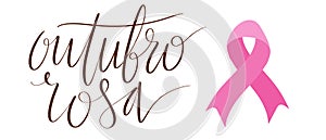 Outubro Rosa - Pink October in Brazilian language. Breast Cancer Awareness campaign web banner. Handwritten lettering. photo