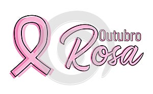 outubro rosa. pink october written in portuguese with bowed ribbon minimalist icon. prevention of breast cancer. photo