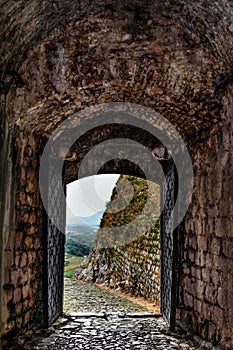 Outward view through the entrance gate of Rozafa Castle in Albania Shkoder