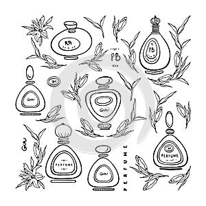 Oval antique glass perfume bottles with caps. Set of black and white fashion sketches. Vector illustration