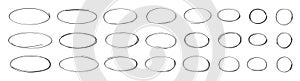 Oval, circle line, grunge vector set in sketch style. Red frames outline in hand drawn style.