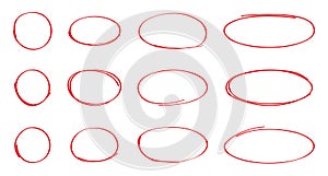 Oval, circle line, grunge vector set in sketch style. Red frames outline in hand drawn style.