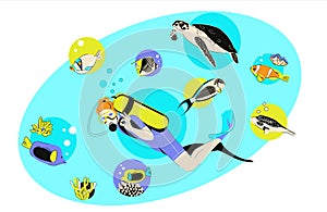 Oval composition, a woman diver and underwater inhabitants, fish, corals, turtle. Vector flat illustration in cartoon