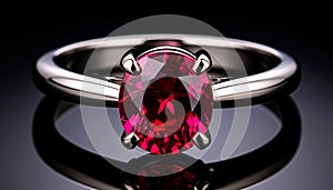 Oval Cut Ruby Gemstone Ring in Silver Setting on a Dark Reflective Surface jewelry