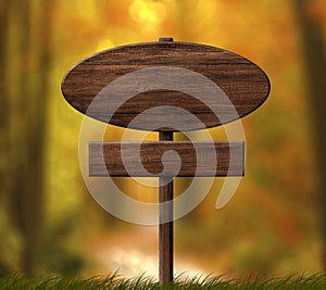 Oval dark wooden signboard with autumn forest background