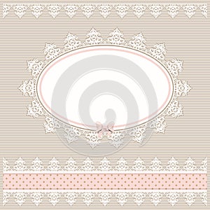 Oval doily frame with lacy border. Country style. For baby shower, menu, scrapbook design.
