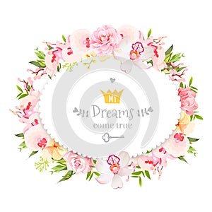 Oval floral vector design frame. Orchid, rose, camellia flowers and fresh green leaves