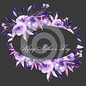 Oval frame border with watercolor purple roses and branches, hand drawn on a dark background