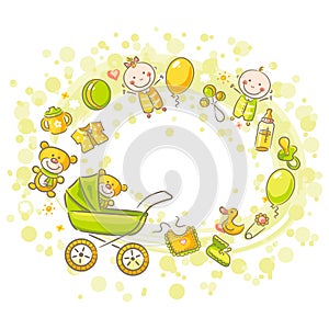 Oval frame with cartoon with lots of baby things