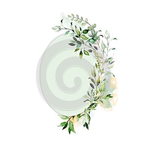 Oval frame decorated with watercolor greenery branches