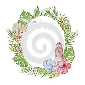 Oval frame made of watercolor tropical flowers and leaves