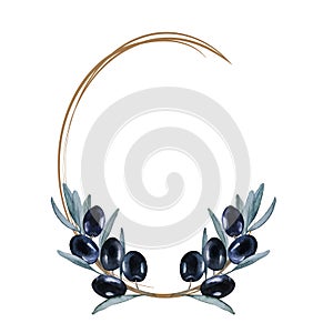 Oval frame with olive branch. Black olives and leaves on a white background. Hand drawn watercolor. Copy space