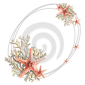 Oval frame with sea stars and corals. Watercolor illustration. For the design and decoration of stickers, posters
