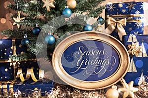 Oval Frame With Text Seasons Greetings, Christmas Tree Background