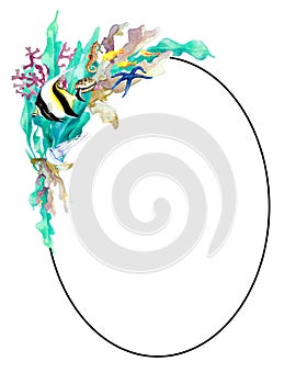 Oval frame of underwater reef elements, coral, starfish, seaweed, seahorse, fish moorish idol, jellyfish and shell. Copy space