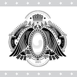 Oval Frame With Wings Between Cross Arrows And Winding Ribbons. Vintage Label With Coat of Arms Isolated isolated