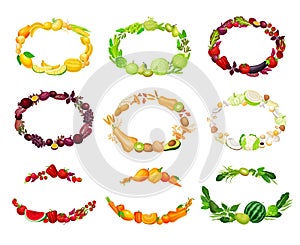 Oval Frames of Ripe and Juicy Fruit and Vegetables Vector Set