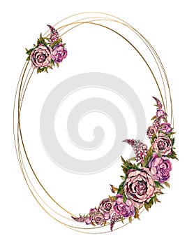 Oval gold frame with pink watercolor flowers. Wedding frame with watercolor garlands of peonies of roses and lilacs.