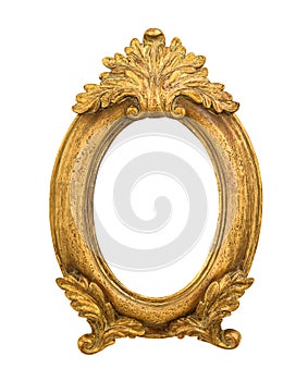 Oval golden decorative picture frame isolated on white