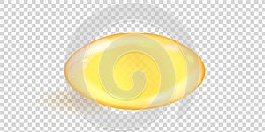 Oval golden fish oil capsule isolated on transparent background. Realistic gold collagen gel pill. Cosmetic capsule of