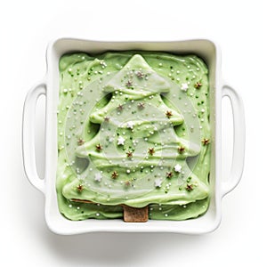 Green Christmas Tree Cake On White Tray - Hasselblad H6d-400c Style photo