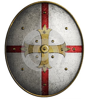 Oval medieval shield with golden cross 3d illustration